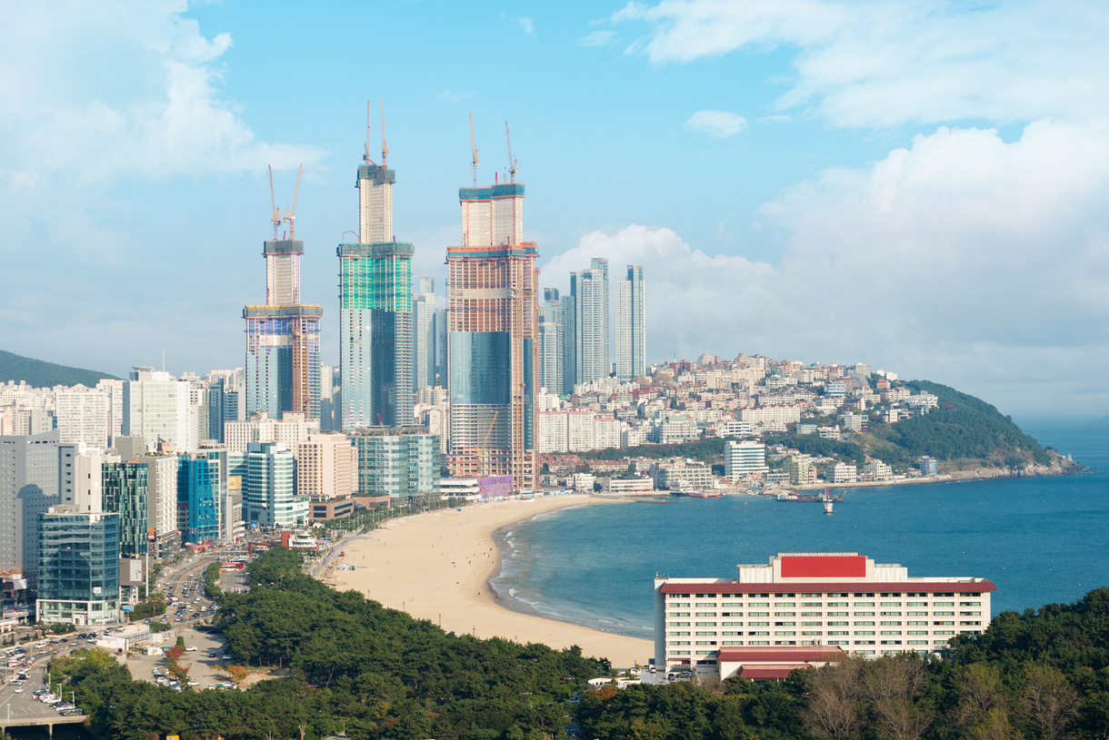 View of Haeundae beach in Busan. Haeundae beach is Busan's most popular beach in South Korea.